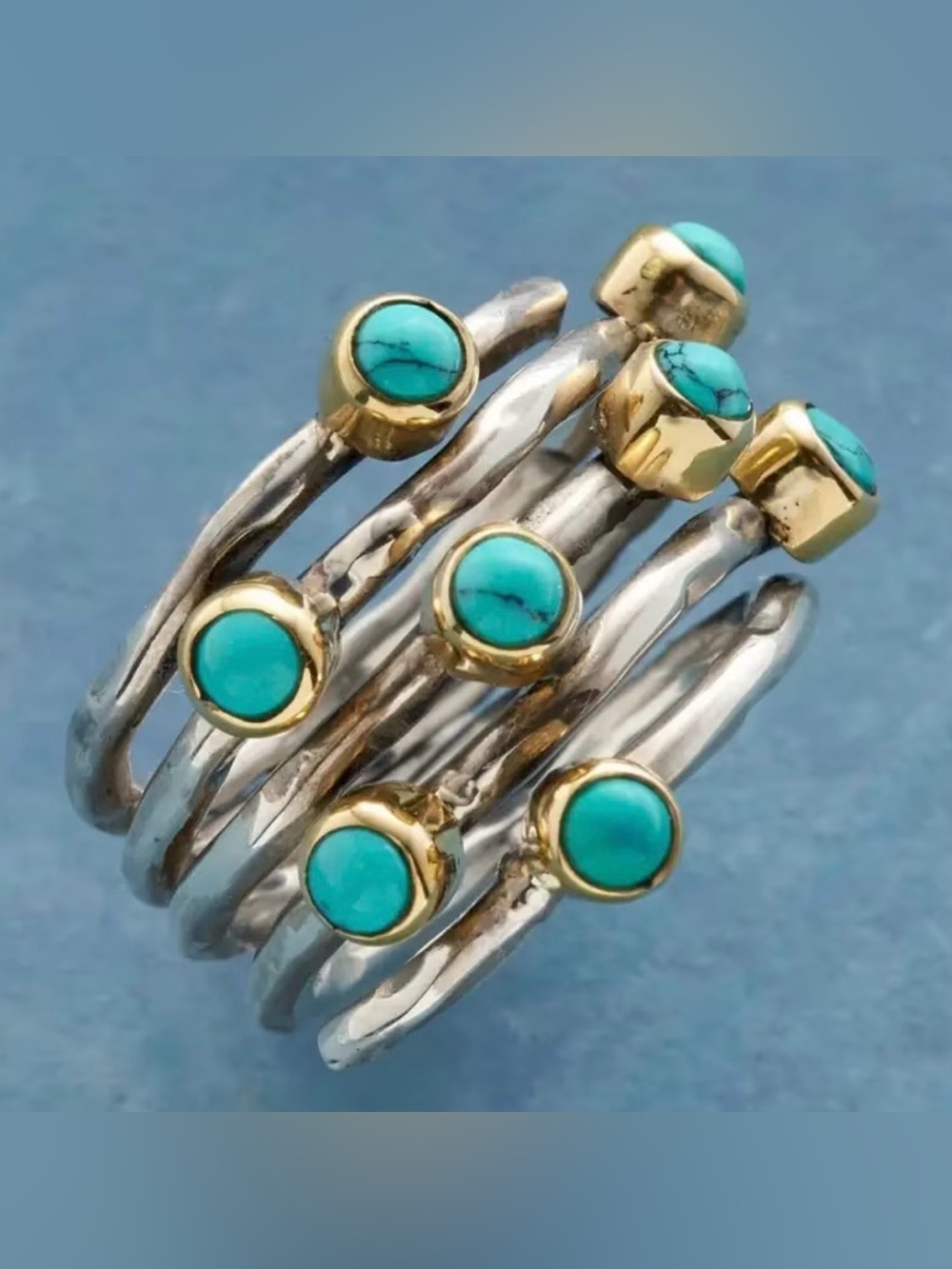Turquoise & Sterling Silver & Gold Accent Multi-Band Women's Ring